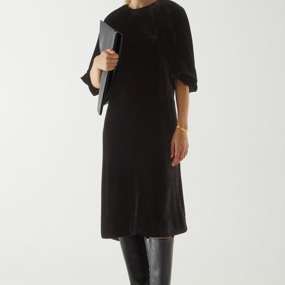 COS black velvet puff sleeve dress